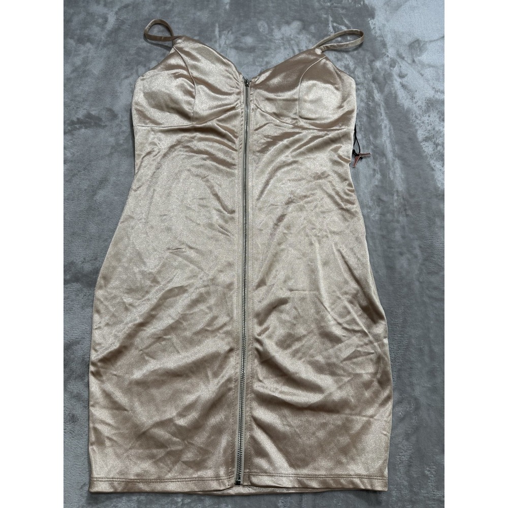 Haute Monde Bodycon Zip Up Dress Women's Size Large Bronze Spaghetti Strap NWOT